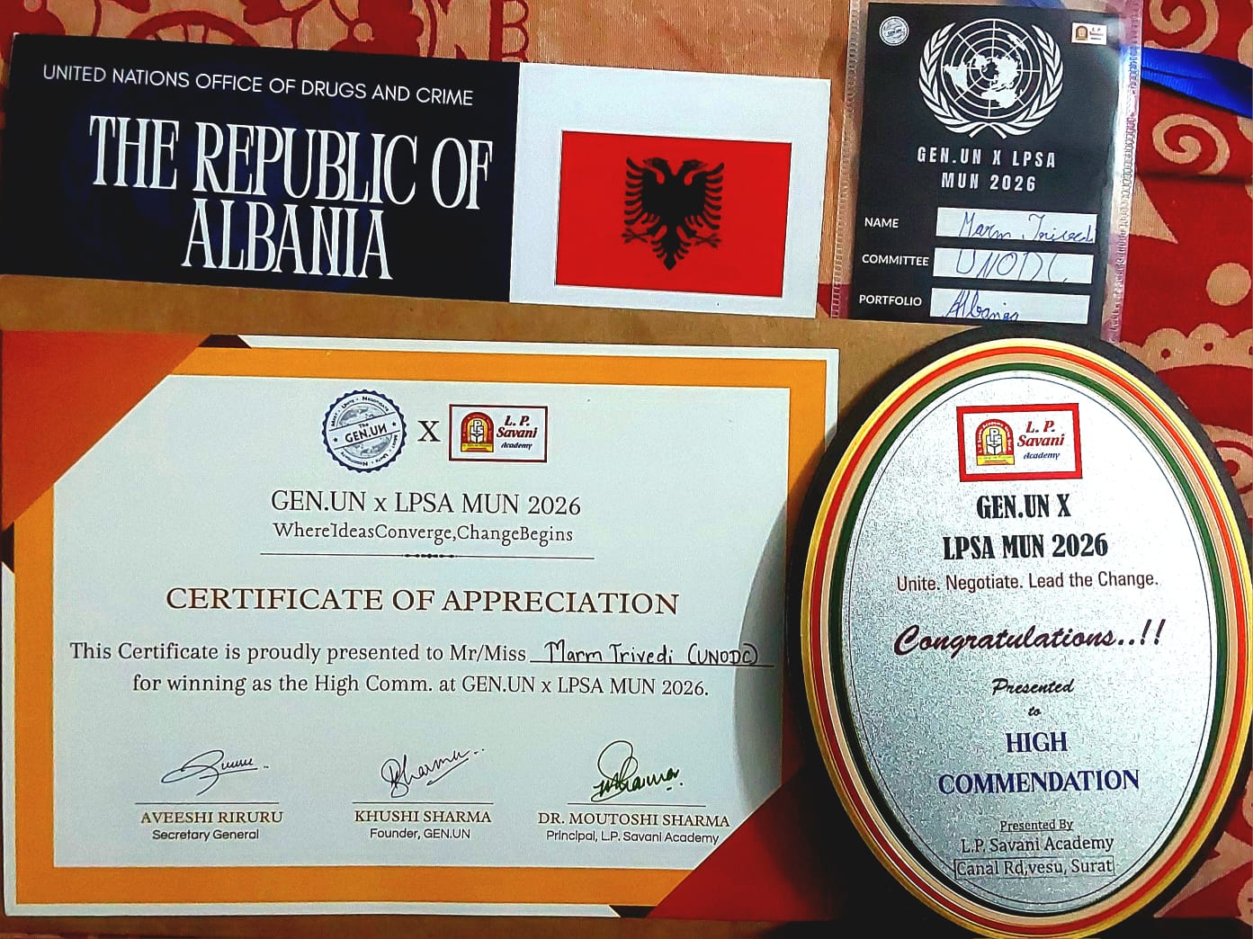 GEN.UN MUN High Commendation certificate and award